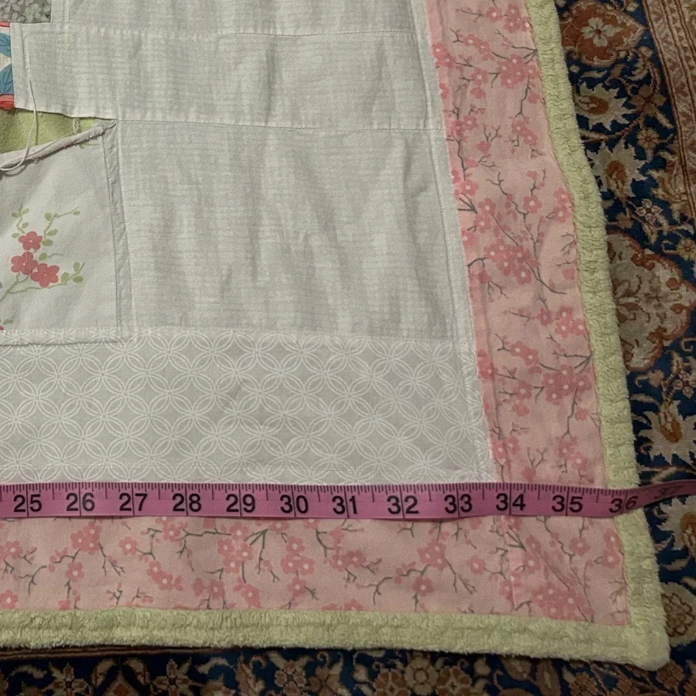 GUC Modern handmade quilt in corals, pinks and greens. Nursery. Needs TLC repair